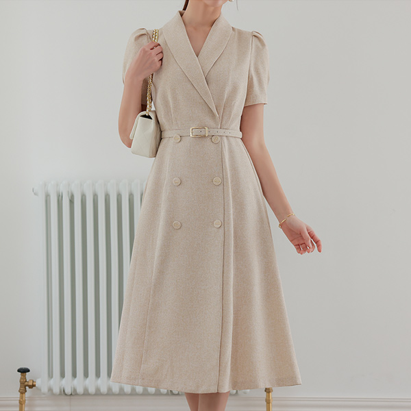 Shawl Collar Double-button Belted Flared Dress(summer)