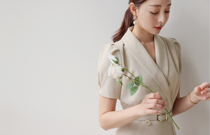 Shawl Collar Double-button Belted Flared Dress(summer)