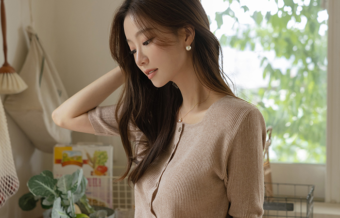 소피아 Square Neck Linen 혼방 Knit Cardigan