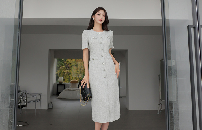 Tweed Pearl Button Short-sleeve Long Dress