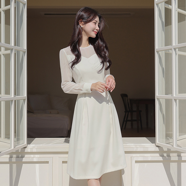 See-through Chiffon Color Combination Heart-line Pintuck Dress