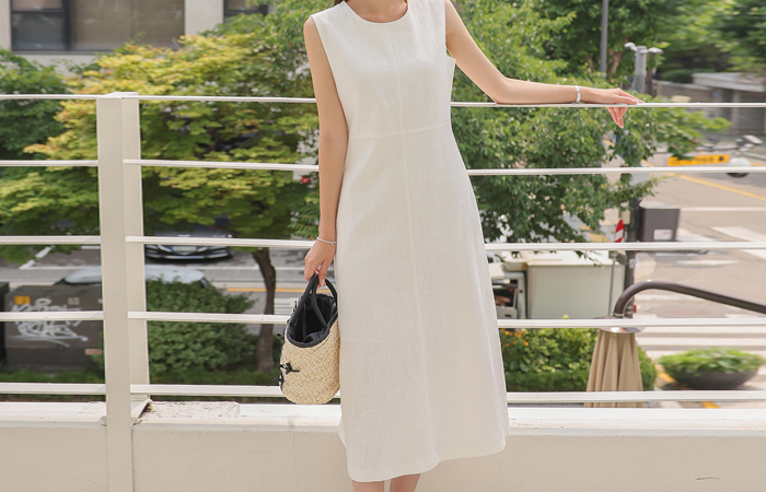 Summer Linen Raund neck Sleeveless shirts A-line Long Dress