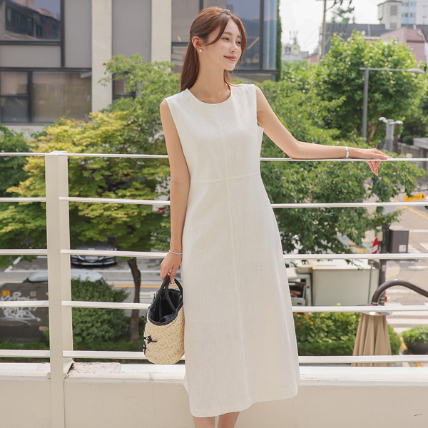 Summer Linen Raund neck Sleeveless shirts A-line Long Dress