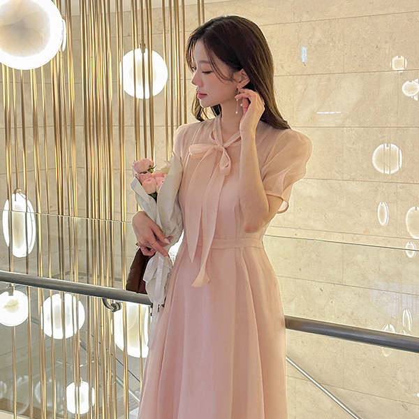 Rosy Pure Ribbon neckline Tencel Long A-line Dress