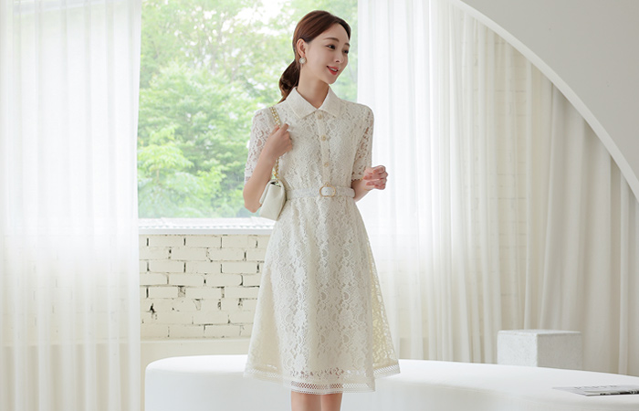 Lace Antique Button Flared Dress