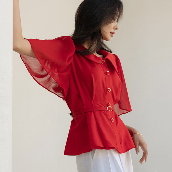 Chiffon Wing Sleeves Peplum Blouse (BeltSET)