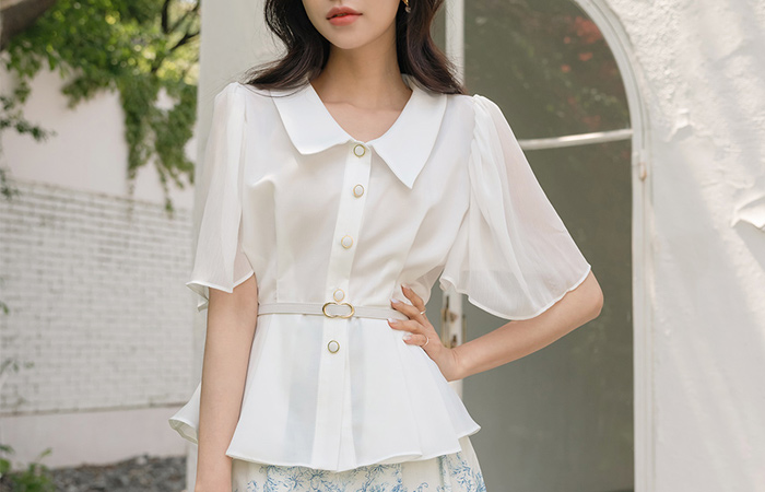 Chiffon Wing Sleeves Peplum Blouse (BeltSET)