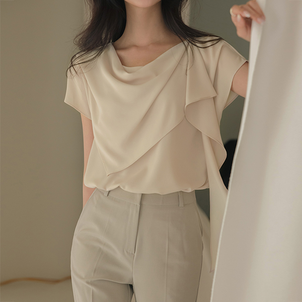 Drape Scarf-Neck Pearl Button Blouse