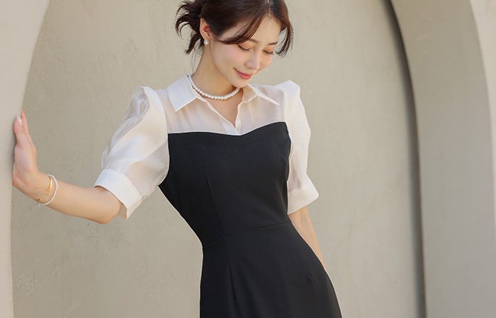 Open Collar Puff Color Combination Slim Dress