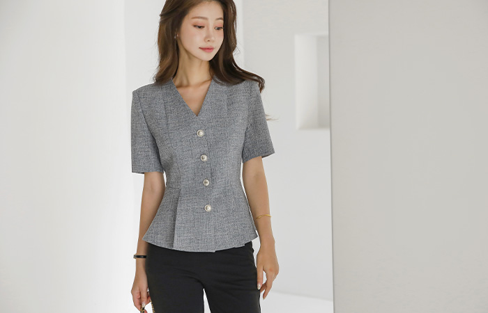 Official V-neck Silver Button Peplum Jacket