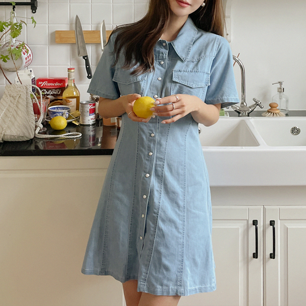 포카리 Double Pocket Mini Denim Dress