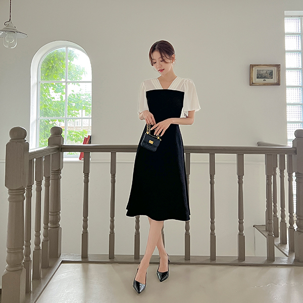 Pintuck V-neck Chiffon Color Combination Wing Sleeves Dress