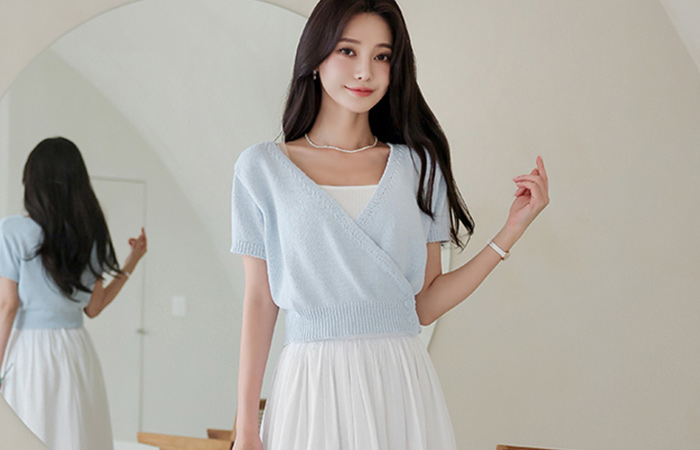 layered Double Button Wrap Knit T-shirt