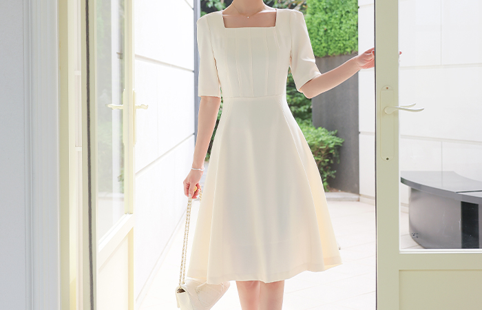 Square Neck Pintuck Detail Flared Dress