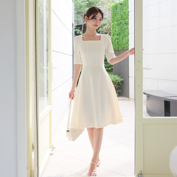 Square Neck Pintuck Detail Flared Dress