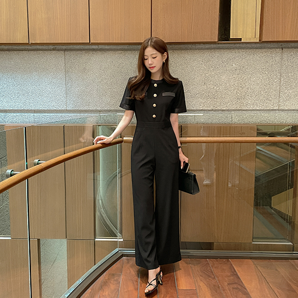 Cobination Elegance Gold Button Black Jumpsuit