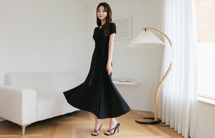 Soft Skily Span Wrap Flared Long Dress