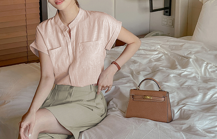 Two Pocket Linen quality Cap-Sleeves Blouse