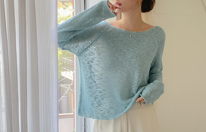 slender Boat Neck Bouclé Summer Long-sleeve Knit