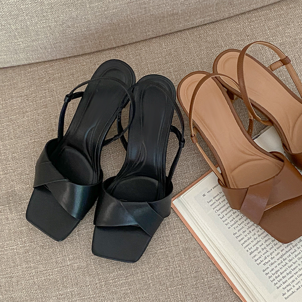 Open Square Toe Diagonal Sling Backs Heels