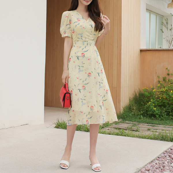 Romantic Rose Chiffon Flared Dress