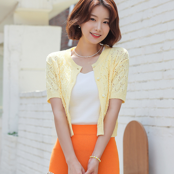 Summer Bouclé Diamond Short-sleeve Knit Cardigan