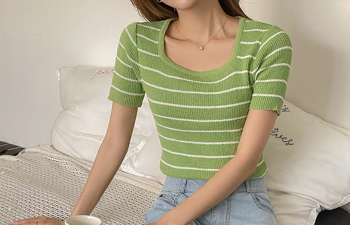 Summer Stripe Lint Prevention Square Neck Knit