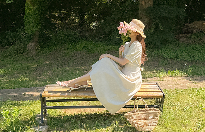 디어 Linen Pintuck Short-sleeve Dress