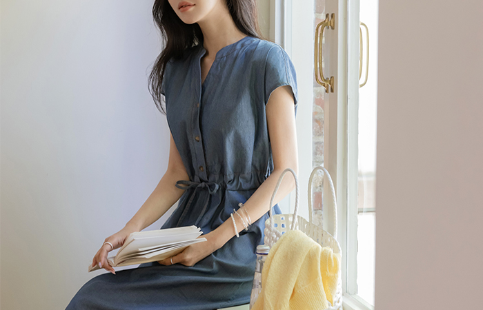 Chinese Collar Cap-Sleeves Denim Dress