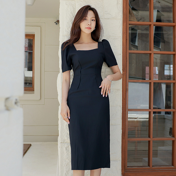 Square Neck Double Pintuck Slim Span Dress