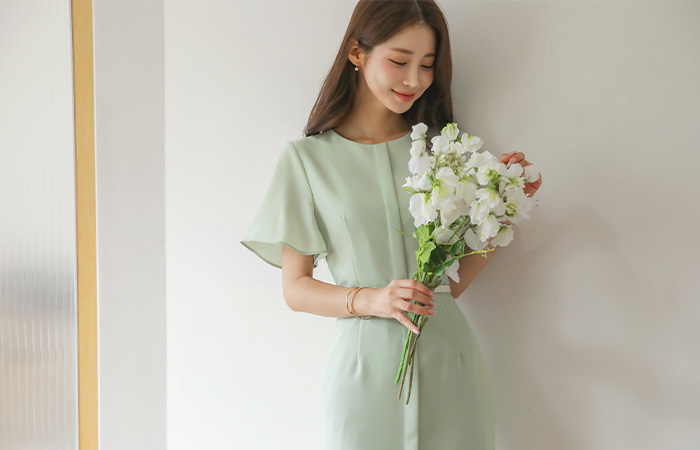 wing Sleeves Belted H-line Span Dress