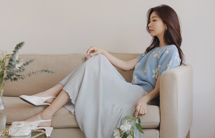Flowy Romantic Color Back Banding Pleats Long Skirt