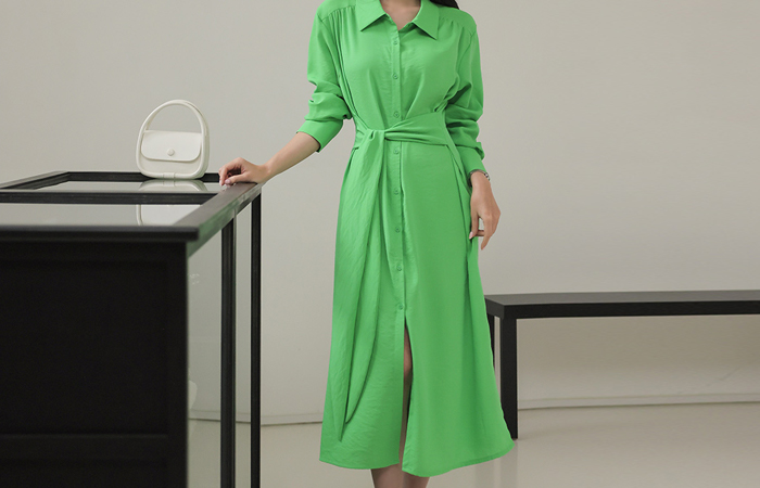 Neon Color Wrap Shirt Slit Long Dress