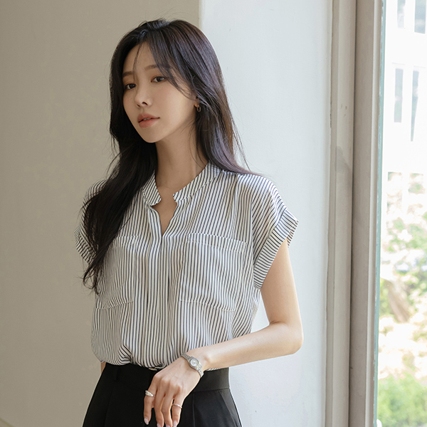 Official Stripe Pocket Cap-Sleeves Blouse
