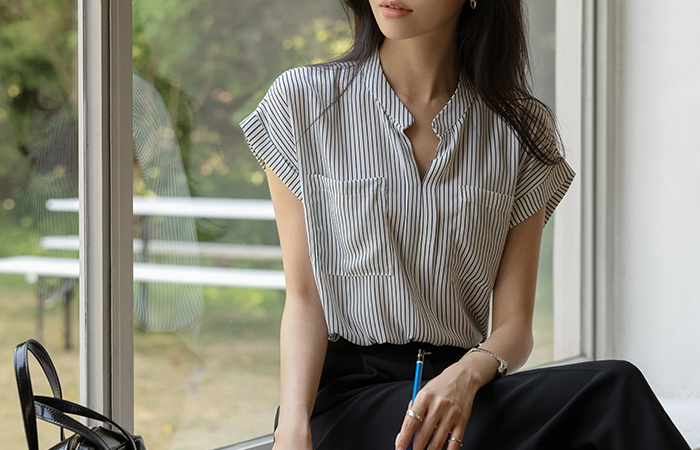 Official Stripe Pocket Cap-Sleeves Blouse