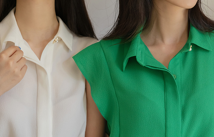 시어서커 Frill Sleeveless shirts Blouse