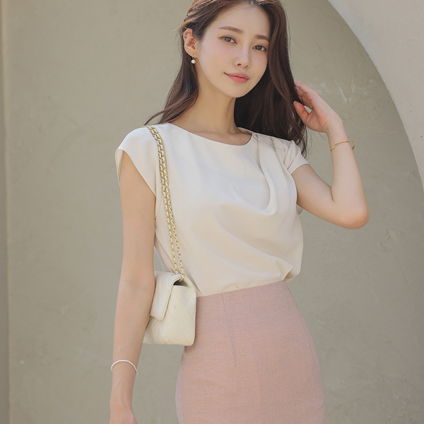 Unbalance Shoulder Pintuck Shirring Cap-Sleeves Blouse