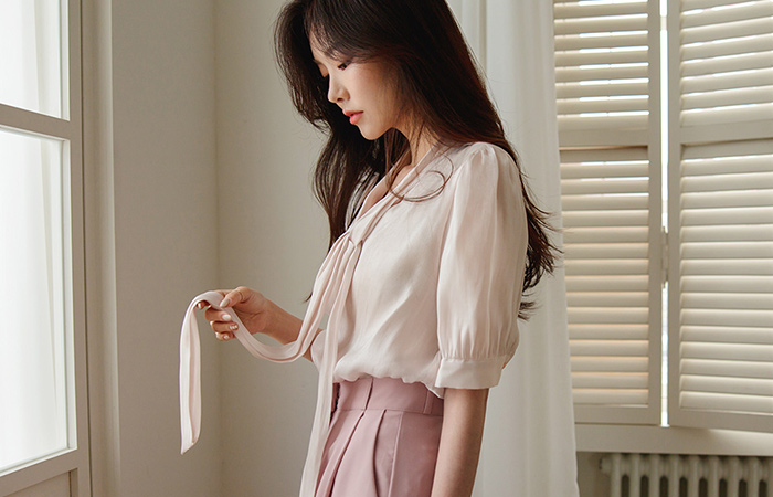 Satin Glossy Midi Puff Tie Blouse