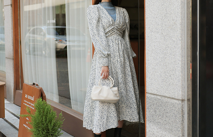 ODE Volume Puff Shoulder Shirring Long Dress