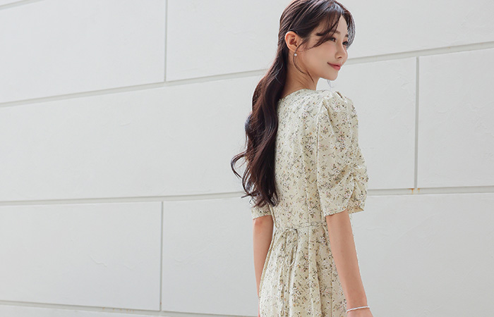 Floral V-neck Sleeves Shirring Flared Long Dress