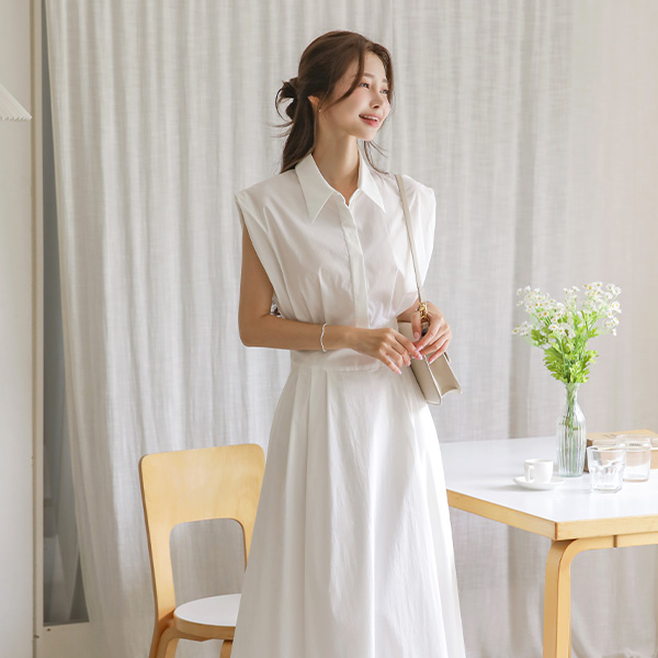 Pure Cotton Shirt Collar Double Sleeves Flared Long Dress