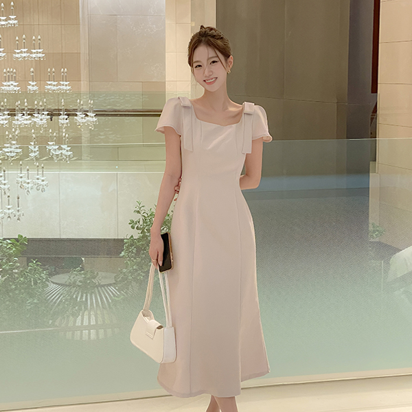 메리온 Ribbon Cap-Sleeves Flared Dress