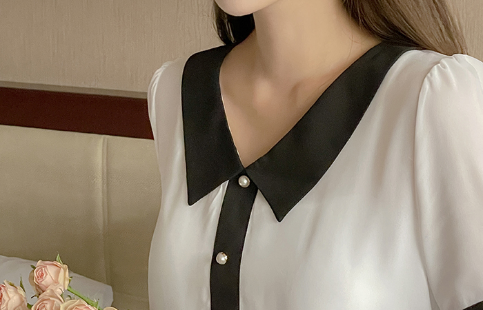 에스텔 Collar Pearl Color Combination Blouse