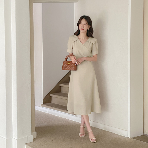 ODE Collar Wrap Shirring Dress