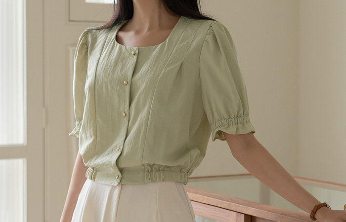 Rustlingly Puff Sleeves Waist Banding Blouse