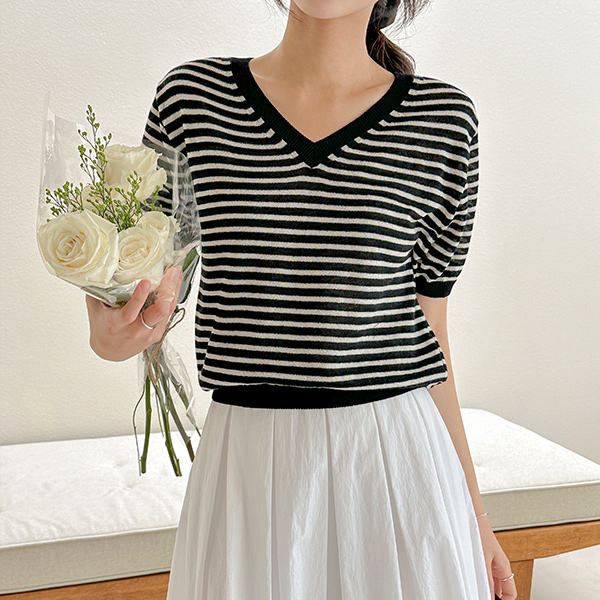 VNeck Stripe Linen Short-sleeve Knit