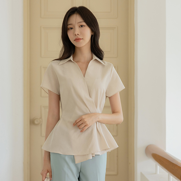 Open-Collar Pintuck Flared Wrap Blouse