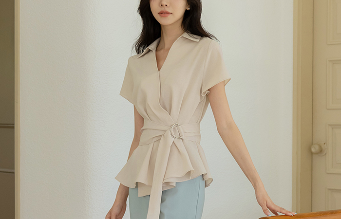 Open-Collar Pintuck Flared Wrap Blouse