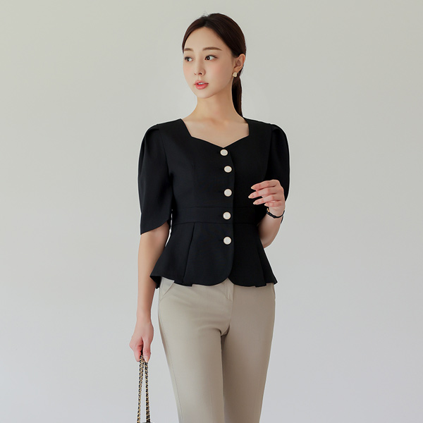 Heart Neck Back Ribbon Puff Short-sleeve Jacket&Blouse