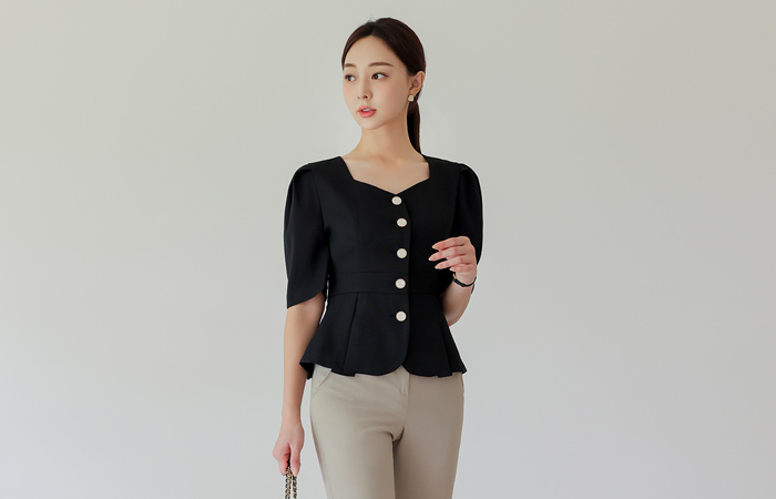 Heart Neck Back Ribbon Puff Short-sleeve Jacket&Blouse